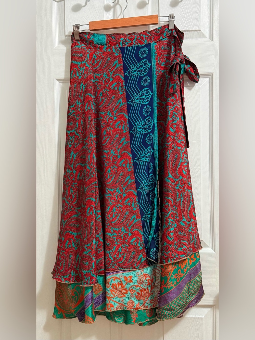 Vintage Red & Teal Paisley Wrap Skirt with Blue Accent Panel fits all sizes